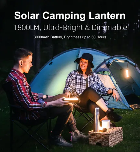 Miniatura 2 de Linterna solar para campamento, 1800 lúmenes, 13 modos de luz, batería de 3000 mAh, impermeable IP66, luces LED recargables para huracán