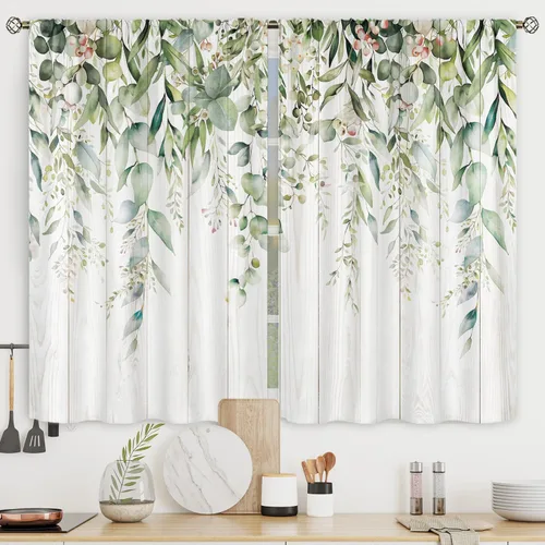 Riyidecor Cortinas de cocina de hojas de eucalipto color verde de 27.5 x 39 pulgadas, diseño de flores, acuarela, floral, primavera, botánico,