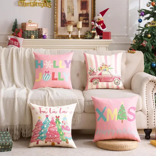 Miniatura 5 de Fundas de almohada de Navidad rosas 18x18 Juego de 4 fundas de almohada de Navidad, fundas de almohada de Navidad para sofá, sofá cama, silla