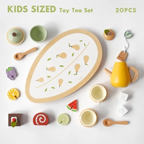 Miniatura 5 de PairPear Juego de fiesta de té de madera para niñas pequeñas, juegos de té para niños pequeños de 3 a 5 años, 20 piezas, juego de té de frutas