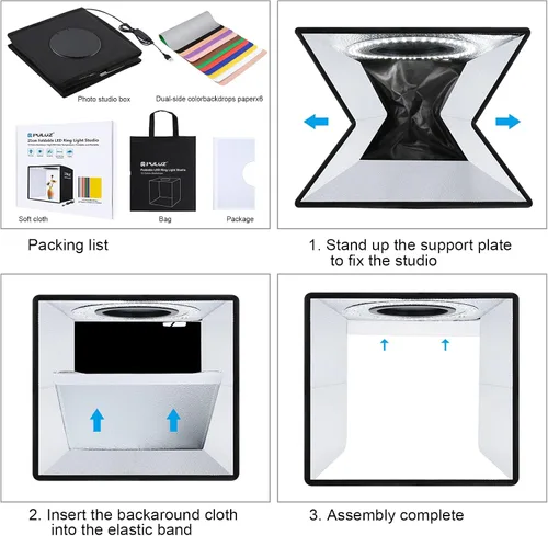 Miniatura 8 de PULUZ Caja de luz de estudio fotográfico de 10 x 10 pulgadas, caja de carpa de fotografía plegable portátil, pequeña caja de luz para tomas lightbox