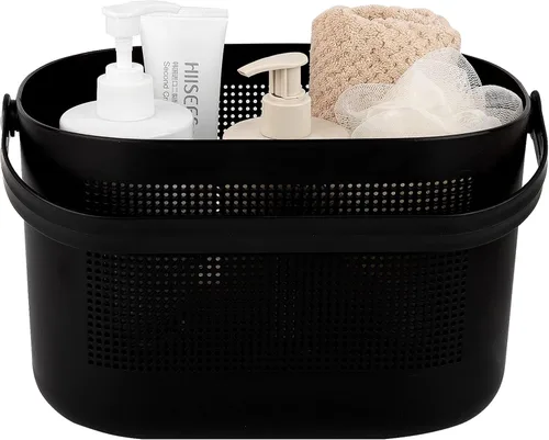 UUJOLY Cestas de almacenamiento de plástico con asas, cesta organizadora de estantes para baño, cocina, dormitorio, color negro
