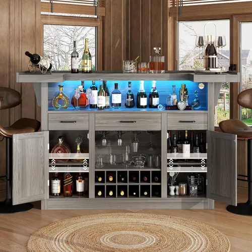 Miniatura 4 de Loomie Armario de mesa de bar con LED y 3 cajones, barra de licor con estantes de almacenamiento ajustables y soportes para copas, mostrador