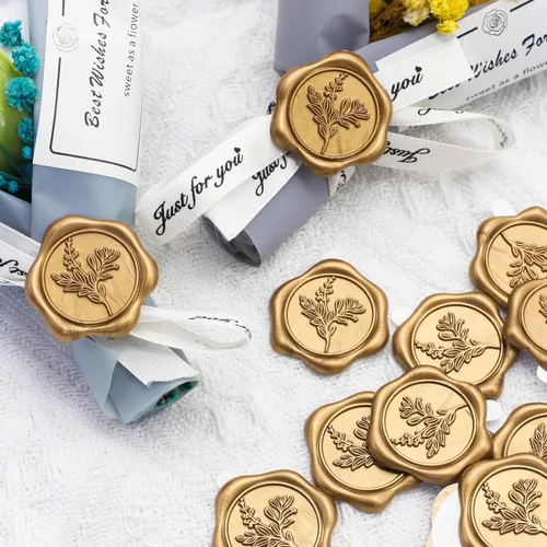 Miniatura 5 de SWANGSA 50 calcomanías de cera de hojas de eucalipto, sello de sobre de invitación de fiesta de boda dorado antiguo, autoadhesivo para tarjetas
