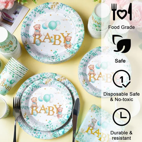 Miniatura 3 de Juego de 200 piezas de vajilla para fiesta, patrones impresos, servilletas, tazas, decoraciones de mesa para baby shower, fiesta de cumpleaños (oso)