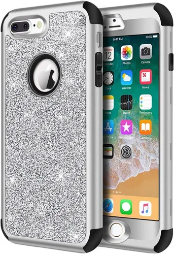 Miniatura 9 de Hython Defender con brillantina, carcasa rígida híbrida, a prueba de golpes, goma para iPhone 7 Plus y 8 Plus, Negro Oscuro