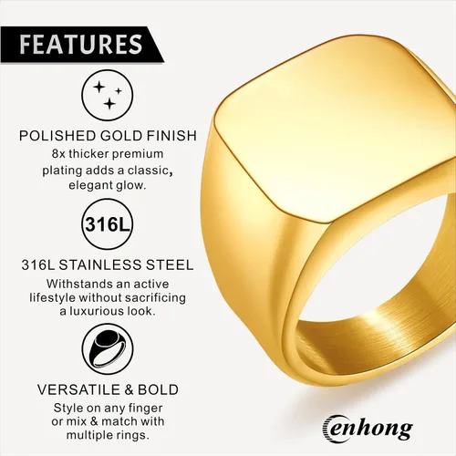 Miniatura 3 de Anillo de motero enhong, sello, anillo de acero pulido sólido, para hombre, ideal como regalo, tamaño de 17-38cm, color oro, negro o plata