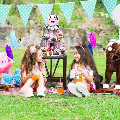 Miniatura 7 de Holy Cow I'm One Birthday Decor – Soporte de cartón con estampado de vaca de 3 niveles para fiesta de primer cumpleaños, soporte para cupcakes