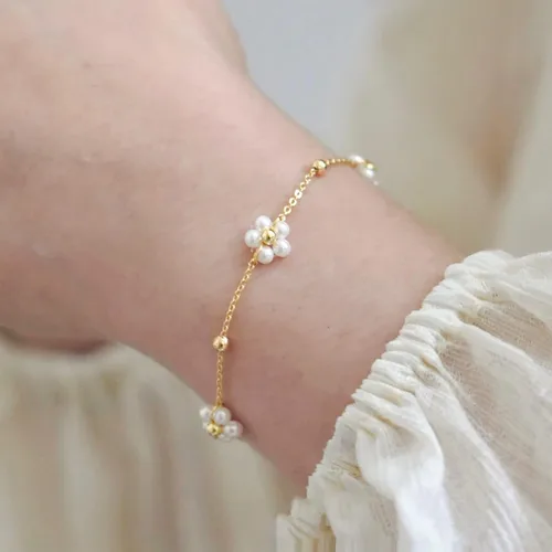 Miniatura 2 de Pulsera de oro para mujer, chapada en oro de 14 quilates, con cuentas de margaritas y perlas de tenis, joyería simple