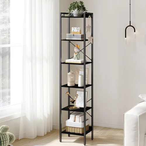 Hzuaneri Estantería para libros, estantería industrial con 2 ganchos, organizador de almacenamiento para oficina en casa, sala de estar, dormitorio,