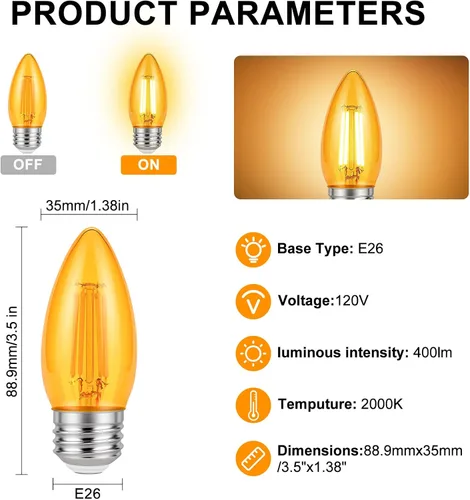 Miniatura 2 de KINUR Bombilla LED E26 de 40 W, bombillas de candelabro LED ámbar B11, bombilla decorativa blanca cálida de 2000 K, para ventilador de techo