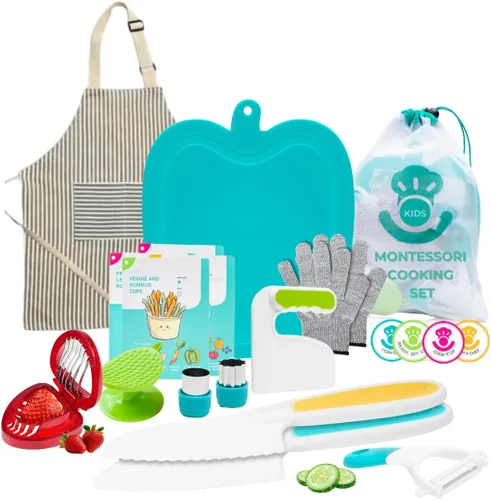Miniatura 9 de Tovla Jr. Ultimate Montessori - Juego de regalo de cocina para niños, cuchillo real, picador, guantes de seguridad, pelador, cortadores, tabla