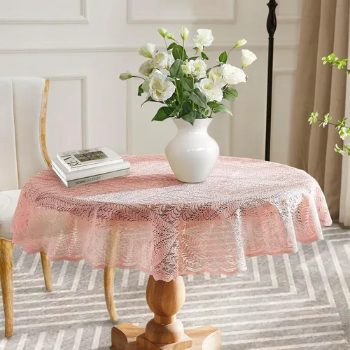 Miniatura 13 de Warm Home Designs Mantel de encaje dorado de lino, mantel redondo pequeño de 48 pulgadas de diámetro. Mantel floral, superposición rústica o mantel