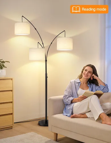 Miniatura 8 de OUTON Lámpara de pie LED de arco, lámpara de pie alta moderna negra de 3 luces para dormitorio, 2400lm lámparas de esquina de pie ajustables