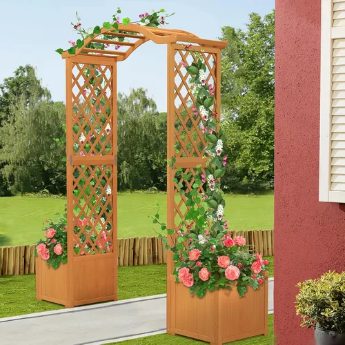 Miniatura 9 de Giantex Pérgola de Jardín con Maceta, Arco de Plantador de Madera con Enrejado, Arco Exterior para Plantas Trepadoras, Vegetales, Hierbas, Blanco