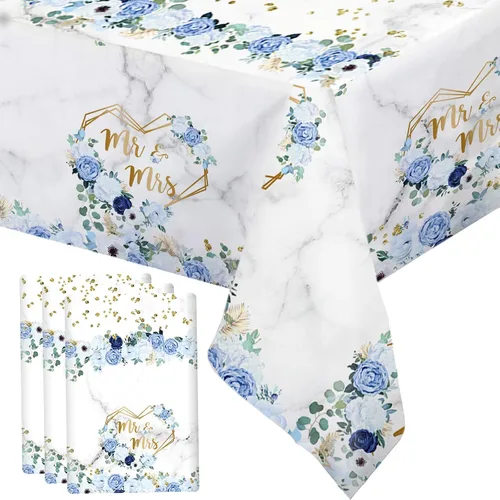 MEHOFOND Mantel de plástico de 3 piezas de color azul, diseño floral para fiesta de boda, mantel desechable con corazones geométricos para despedida