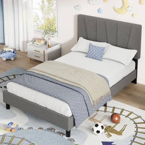 Miniatura 3 de Garvee Base de cama de plataforma de tamaño individual con cabecera tapizada de tela y soporte de listones de madera, base de colchón totalmente