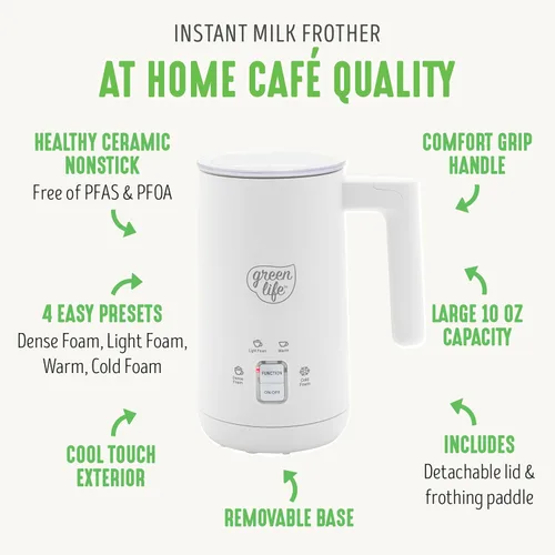 Miniatura 3 de GreenLife Espumador de leche eléctrico de cerámica, 10 onzas, 4 en 1, espuma fría y caliente automática, espuma densa y ligera, sin PFAS, calentador