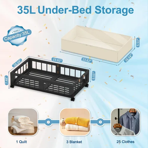 Miniatura 3 de efluky Paquete de 2 contenedores de almacenamiento de bambú debajo de la cama con ruedas, cesta de almacenamiento de ropa debajo de la cama