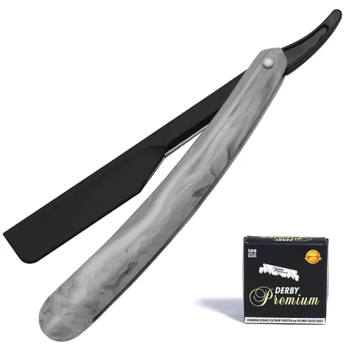 Miniatura 8 de Maquinilla de afeitar profesional de borde recto para hombres con 100 cuchillas Derby reemplazables para barbero de una sola hoja (negro/multicolor)