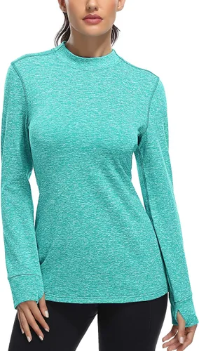 Fulbelle Camisas de correr de manga larga con cuello alto falso para mujer, con agujeros para los pulgares, capa base para clima frío
