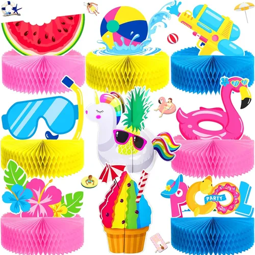 Teling 9 piezas de centros de mesa de panal de abeja de verano para piscina, playa, decoración 3D de doble cara sandía panal de abeja flamenco