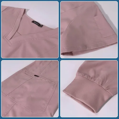 Miniatura 2 de niaahinn Conjunto de traje médico para mujer, moderno top con cuello en V y pantalones deportivos de pierna cónica con cordón, conjunto de uniformes