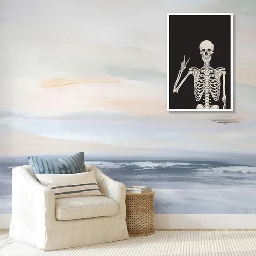 Miniatura 4 de Divertido lienzo de esqueleto negro para pared, decoración espeluznante, póster de Halloween, impresión de señal de paz con la mano alta, huesos