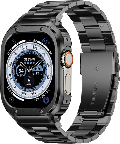 Miniatura 29 de MioHHR Correa y funda de acero inoxidable compatible con Apple Watch Band de 1.614 in, 1.575 in y 1.496 in, cubierta protectora de metal para Negro