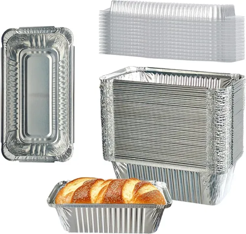 Paquete de 50 moldes desechables de aluminio con tapas de 6.9 x 3.5 pulgadas | 1Lb Mini Baking Pans, Foil Pans, Ideal for Baking Bread, Cakes,