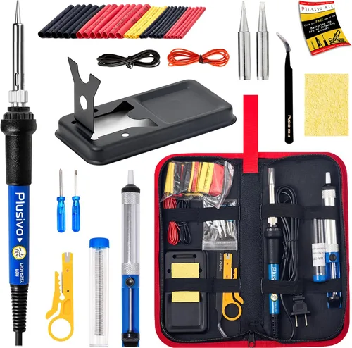 Kit de soldadura, soldador de 60 W, 2 puntas de soldadura, temperatura ajustable 14 en 1, alambre de soldadura, bomba desoldadora, soporte, Kit de