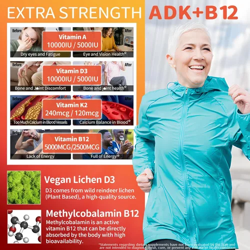 Miniatura 4 de Gomitas ADK+Vitamina B12 sin Azúcar - Vitamina D3 K2 10,000UI/ 5000UI, B12 5000 mcg 2500 mcg, K2 (MK-7) 240 mcg, Multivitamínico para Adultos