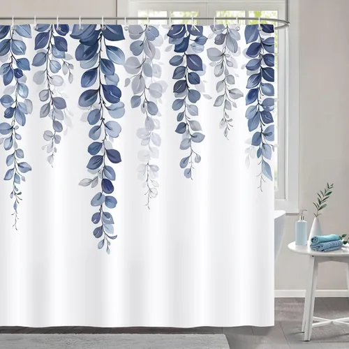 Bonhause Cortina de ducha de eucalipto azul, hojas de acuarela, decoración botánica de baño, 72 x 72 pulgadas, tela de poliéster impermeable con 12