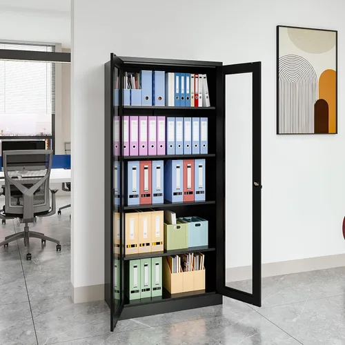 Miniatura 8 de Vitrina con puertas de cristal, vitrina para coleccionables, gabinete de exhibición Curio con 4 estantes ajustables, gabinete de exhibición de Negro