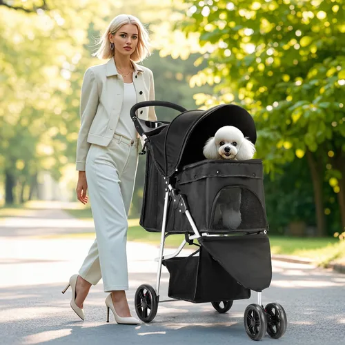 Miniatura 2 de DUMOS 3 Wheels Pet Stroller for Dogs and Cats, Foldable Dog Stroller with Mesh Windows, Storage Basket & Cup Holder, Lightweight & Durable Pet