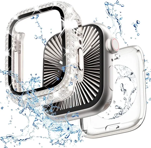 Miniatura 12 de Funda delantera y trasera, 2 en 1, brillante, impermeable, 360°, de policarbonato y protector de pantalla de vidrio para iWatch 8 y 7 de 41 mm, Negro