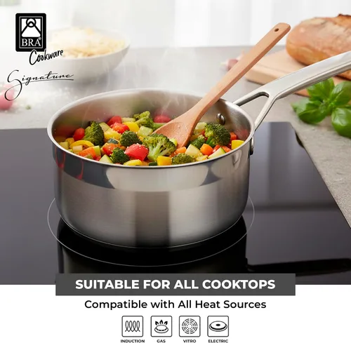Miniatura 4 de BRA COOKWARE Signature Olla de acero inoxidable con tapa de vidrio Cacerola profesional de 1.2 cuartos de galón de 6.3 pulgadas Olla