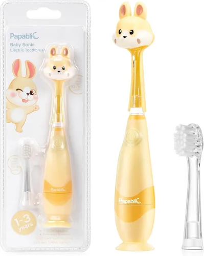 Papablic Cepillo de Dientes Eléctrico Sónico para Niños Pequeños de 1-3 Años, Cepillo de Dientes Eléctrico para Bebé con Bonita Cubierta de Conejo y