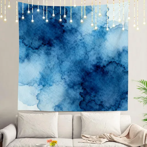 Miniatura 120 de Shrahala Tapiz de pared azul brillante, acuarela azul degradado para colgar en la pared, tapiz grande decorativo de fibra de poliéster, dobladillo