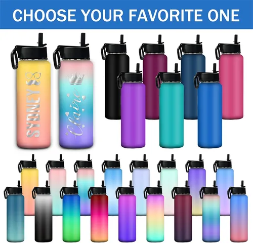 Miniatura 2 de Botella de agua personalizada, botella de agua deportiva personalizada con nombre, botella de acero inoxidable aislada al vacío con tapa