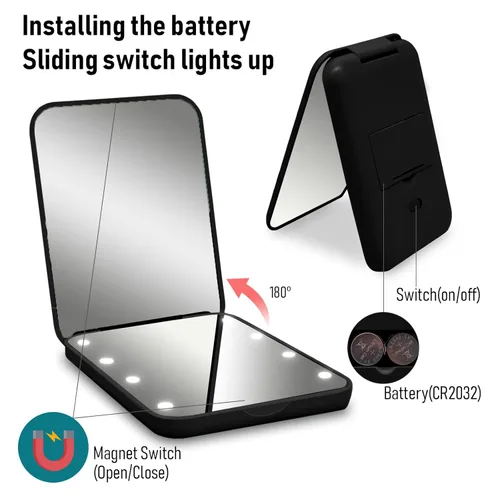 Miniatura 6 de Espejo compacto, espejo de bolsillo LED con aumento 1x/3x, pequeño espejo de maquillaje de viaje iluminado para bolso, bolso, plegable, de mano