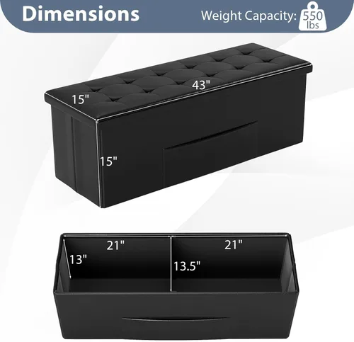 Miniatura 3 de Giantex Banco Otomano de Almacenamiento Plegable de 43 Pulgadas, Baúl de Almacenamiento Tapizado en Cuero PU con Bolsillo Lateral, Asiento