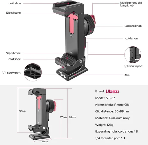 Miniatura 7 de Soporte de trípode de metal para teléfono, 3 zapatos fríos y puerto de arca, adaptador de trípode para teléfono inteligente de 360 ° para iPhone 17