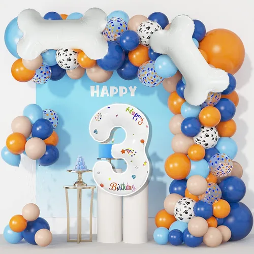 Juego de 118 globos azules y naranjas de tercer cumpleaños, globos de pata de perro, suministros para fiestas de cumpleaños Blue3
