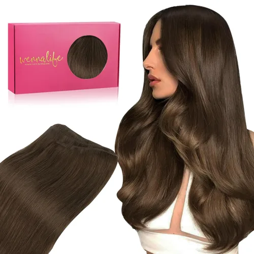 WENNALIFE Extensiones de cabello humano real, 20 pulgadas, 3.53 onzas, color marrón chocolate, trama, cabello Remy atado a mano, extensiones de