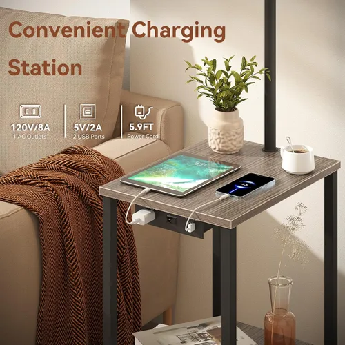 Miniatura 4 de Lámpara de pie SUNMORY con mesa, mesa auxiliar para sala de estar con lámpara, mesa lateral con estantes y estación de carga (puerto USB y AC)