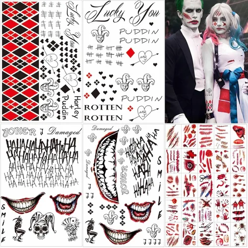 Zeecdatoo 34 hojas de tatuajes de Joker, tatuajes temporales de Halloween para disfraces de cosplay de Halloween y accesorios de fiesta, tatuajes de