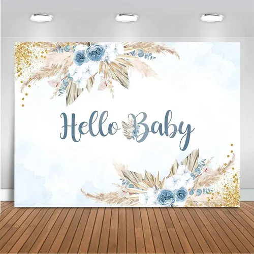 Mocsicka Telón de fondo bohemio para baby shower para niños, tema de Hello Baby Boho Chic Flores Azules, Fondo de fotografía Bohemio Baby Shower