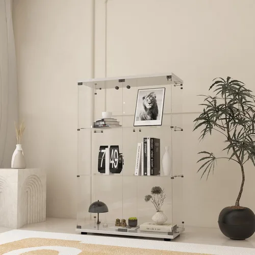 Miniatura 13 de Vitrina de cristal con luces y cerradura, vitrina Curio de 4 niveles con puerta de cristal, escaparate de pie para sala de estar, dormitorio, Blanco