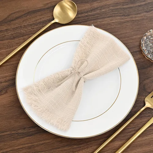 Miniatura 3 de Paquete de 12 servilletas de lino y algodón beige de 16 x 16 pulgadas, hechas a mano con flecos, servilletas de tela suave, lavables y rústicas